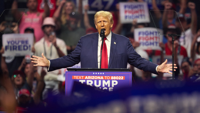 Republican presidential nominee Donald J. Trump speaks at an election rally at the Desert Diamond Arena in Glendale, Arizona, USA, 23 August 2024